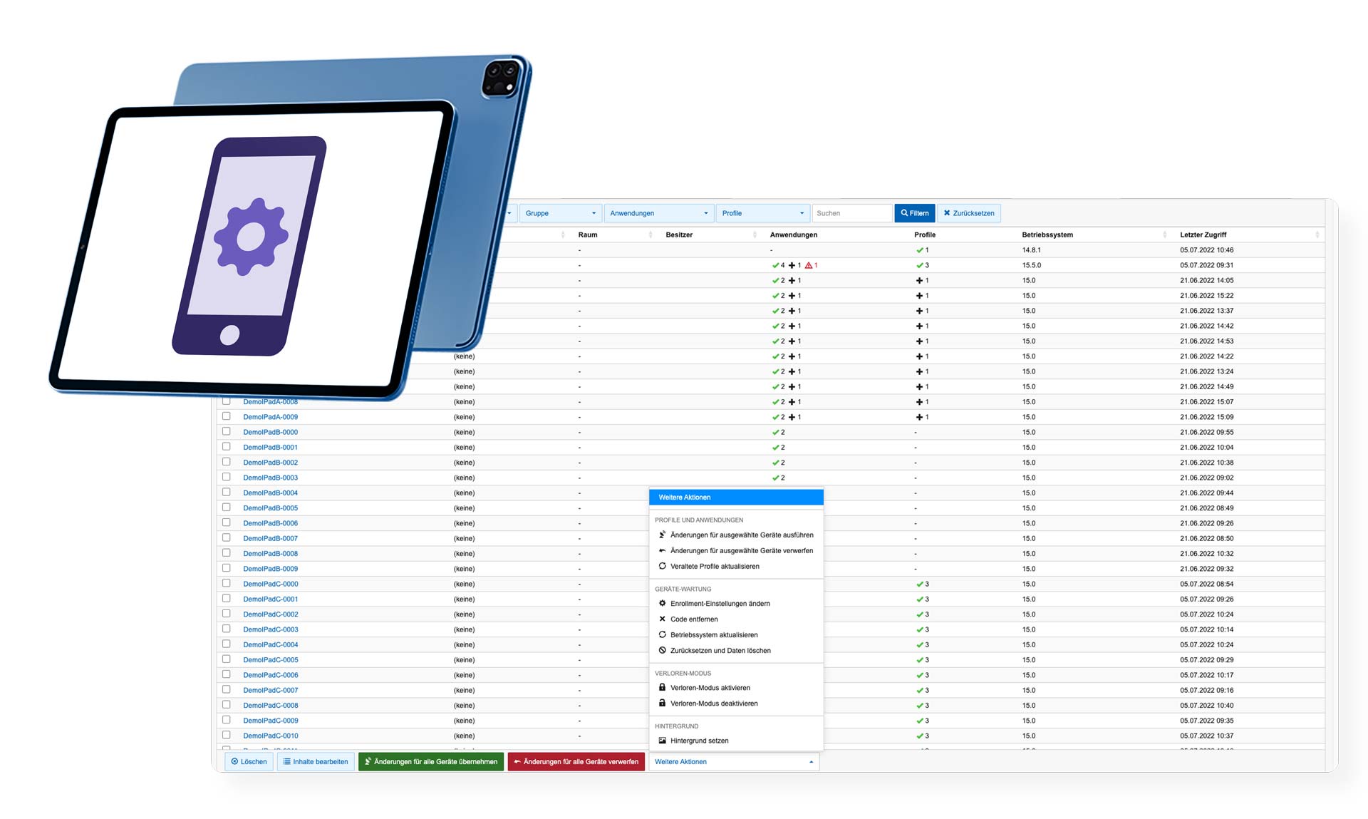 Screenshot des Moduls Mobilgeräteverwaltung, daneben ein Mockup eines iPads