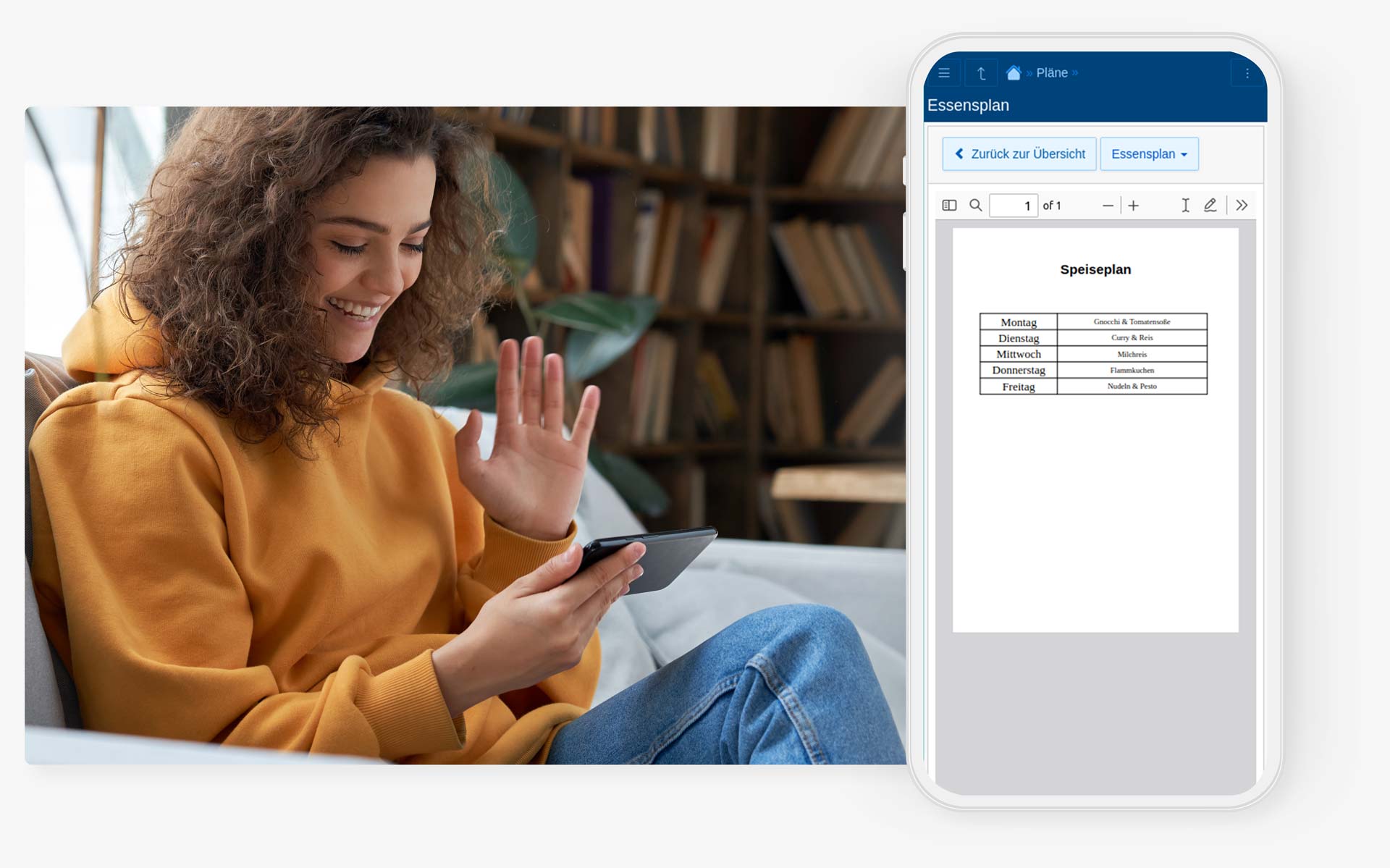 Eine junge Frau im gelben Hoodie schaut lächelnd auf ihr Smartphone. Daneben ist ein Essensplan aus dem IServ Modul Pläne zu sehen.
