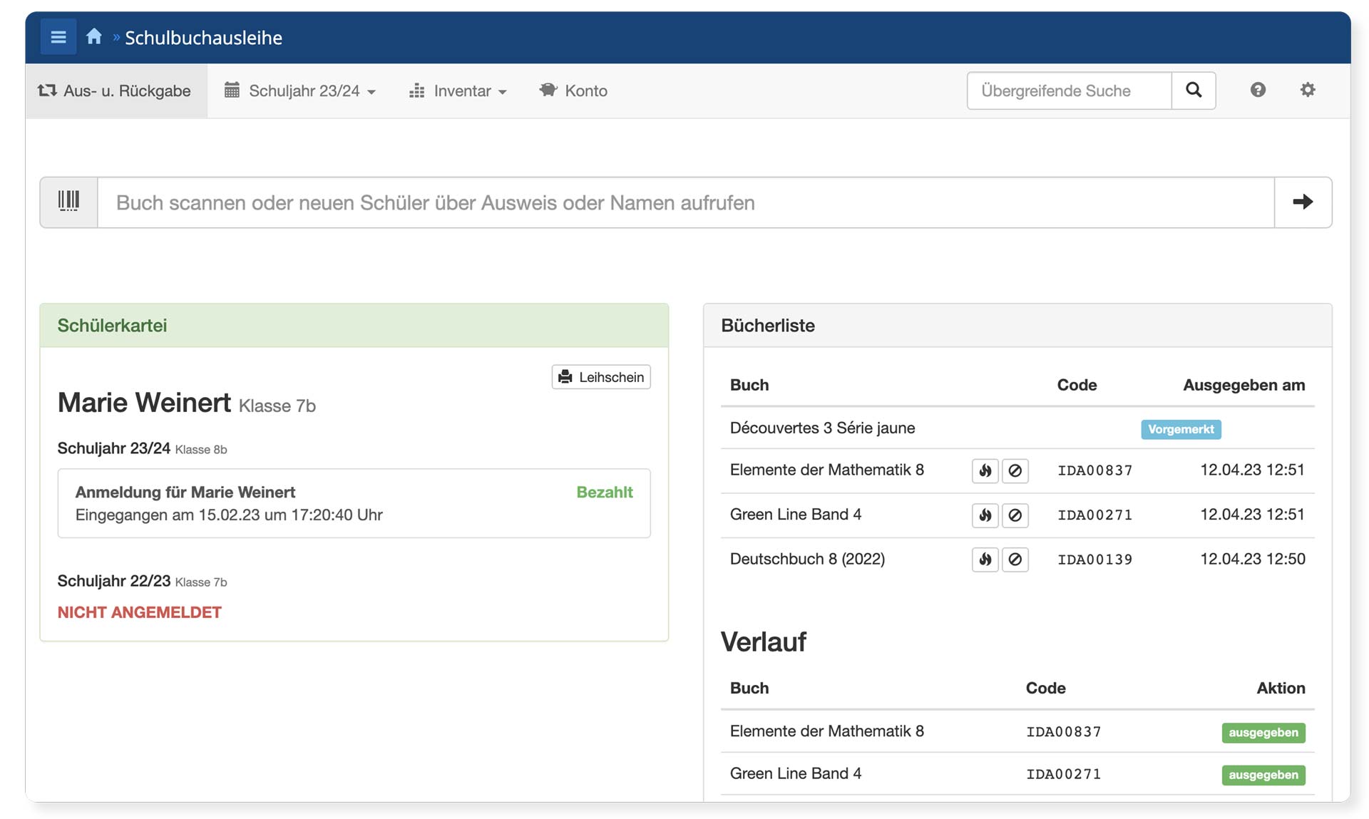 Screenshot der Import Vorschau von Schulbuchausleihe in der IServ Schulplattform